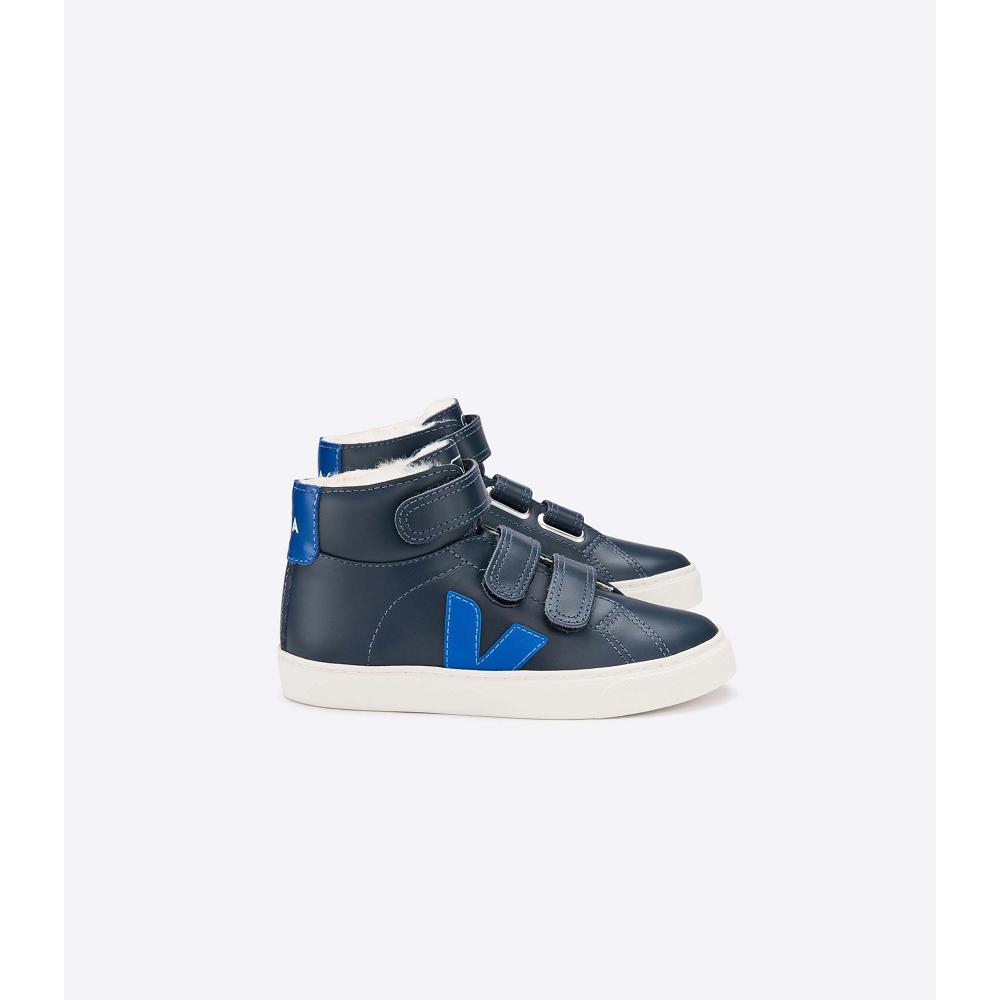 Kids\' Veja ESPLAR MID FURED LEATHER High Tops Blue/Navy | ZA 691BEX